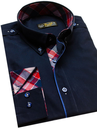Camisa elegante de manga larga para hombre azul oscuro Bolf 1758