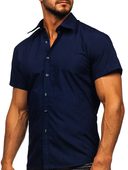 Camisa elegante de manga corta para hombre azul oscuro Bolf 7501