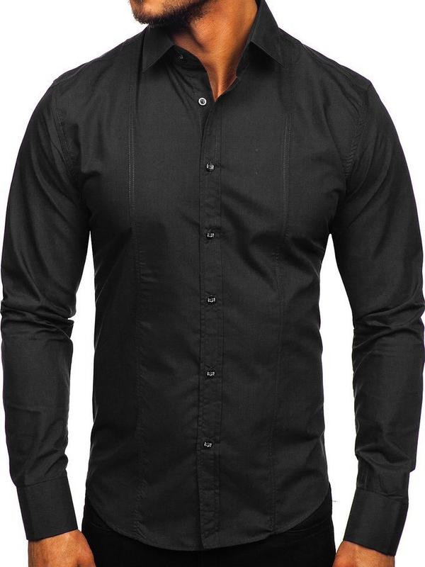 Hombre Camisa elegante de manga larga Negro Bolf 6944