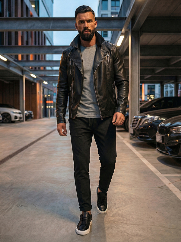 Chaqueta ramonera de cuero para hombre negro Bolf 11Z8056