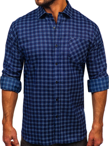 Camisa franela a cuadros de manga larga para hombre azul oscuro y blanco Bolf F4