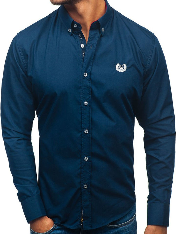 Camisa de manga larga elegante para hombre azul oscuro Bolf 2772