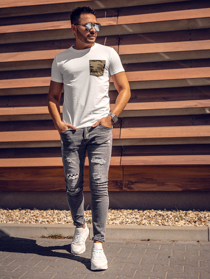 Camiseta de manga corta con impresión y bolsillo camuflaje para hombre blanco y verde Bolf 8T85A