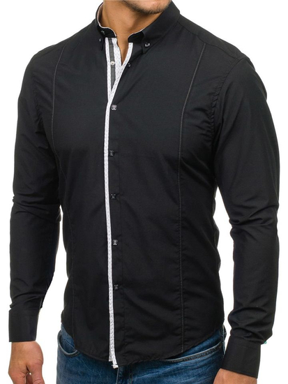 Camisa de manga larga elegante para hombre negra Bolf 7722