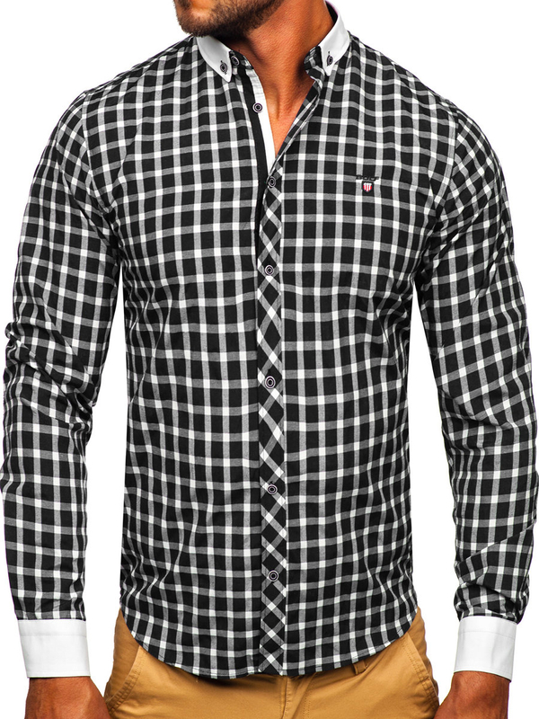 Camisa elegante a cuadros de manga larga para hombre negro Bolf 5737-1