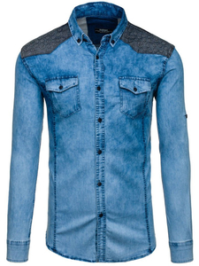 Camisa vaquera estampada de manga larga para hombre azul Bolf 0517