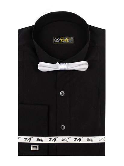 Camisa elegante de manga larga negra para hombre Bolf 4702 Pajarita y gemelos