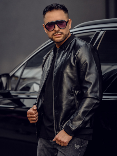 Chaqueta bomber de cuero para hombre negro Bolf 6803A