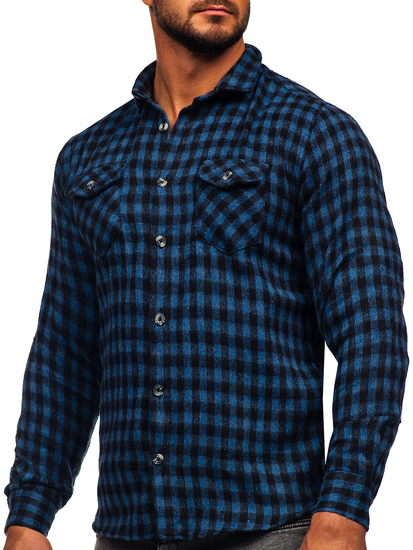 Camisa franela a cuadros de manga larga para hombre azul oscuro Bolf 22701