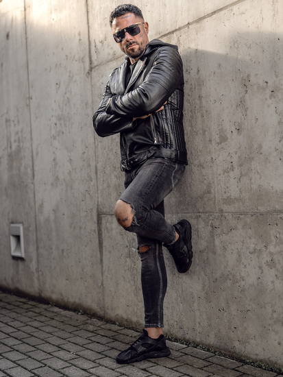 Chaqueta ramonera de cuero con capucha biker para hombre negro Bolf 11Z8005