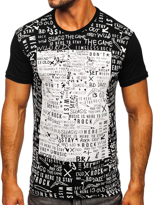 Camiseta de hombre de algodón negra con estampado Bolf 1173