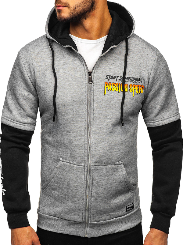 Sudadera con capucha gris para hombre con bolsillo canguro y estampado Bolf HY611