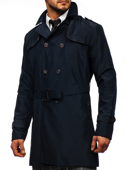 Gabardina cruzada para hombre con cuello alto y cinturón color azul oscuro Bolf 0001