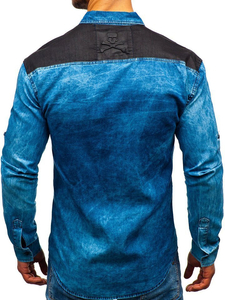 Camisa vaquera estampada de manga larga para hombre azul Bolf 0517