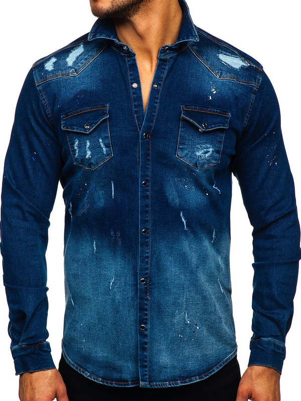 Camisa vaquera a manga larga para hombre color azul oscuro Bolf R802