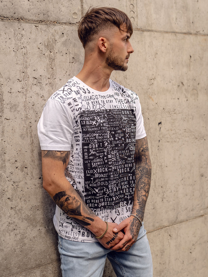Camiseta de hombre de algodón blanca con estampado Bolf 1173A