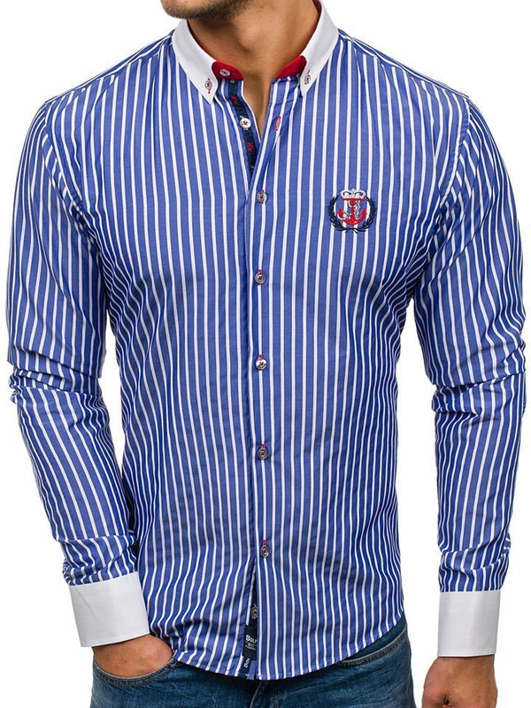 Camisa de rayas de manga larga para hombre azul Bolf 1771