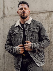 Chaqueta vaquera trucker aislante para hombre negra con cuello de borrego Bolf 1160