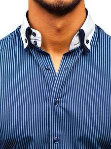 Camisa a rayas con manga corta para hombre azul oscuro Bolf 1808