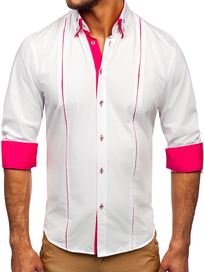 Camisa elegante de manga larga para hombre blanco y rosa Bolf 4744