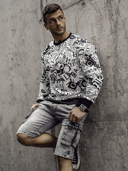 Sudadera sin capucha con impresión para hombre negro y blanco Bolf 8B1135A
