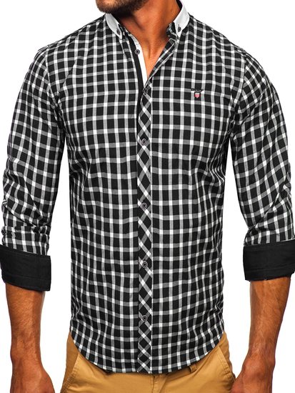 Camisa elegante a cuadros de manga larga para hombre negro Bolf 5737-1