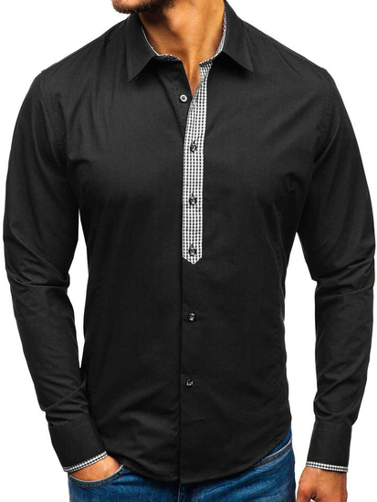 Camisa elegante de manga larga para hombre negro Bolf 0939