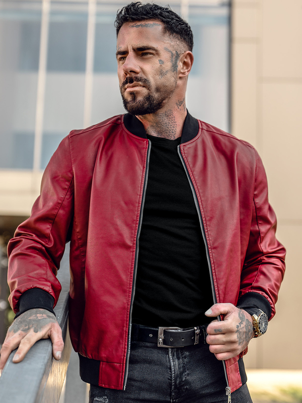 Chaqueta bomber de cuero para hombre rojo Bolf 1147A