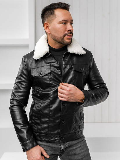 Chaqueta tipo aviador de invierno en cuero para hombre negro Bolf 8830