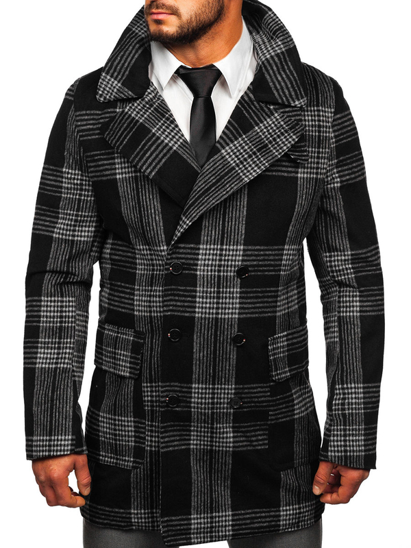 Abrigo aislado de invierno con estampado de cuadros para hombre color negro Bolf 1193