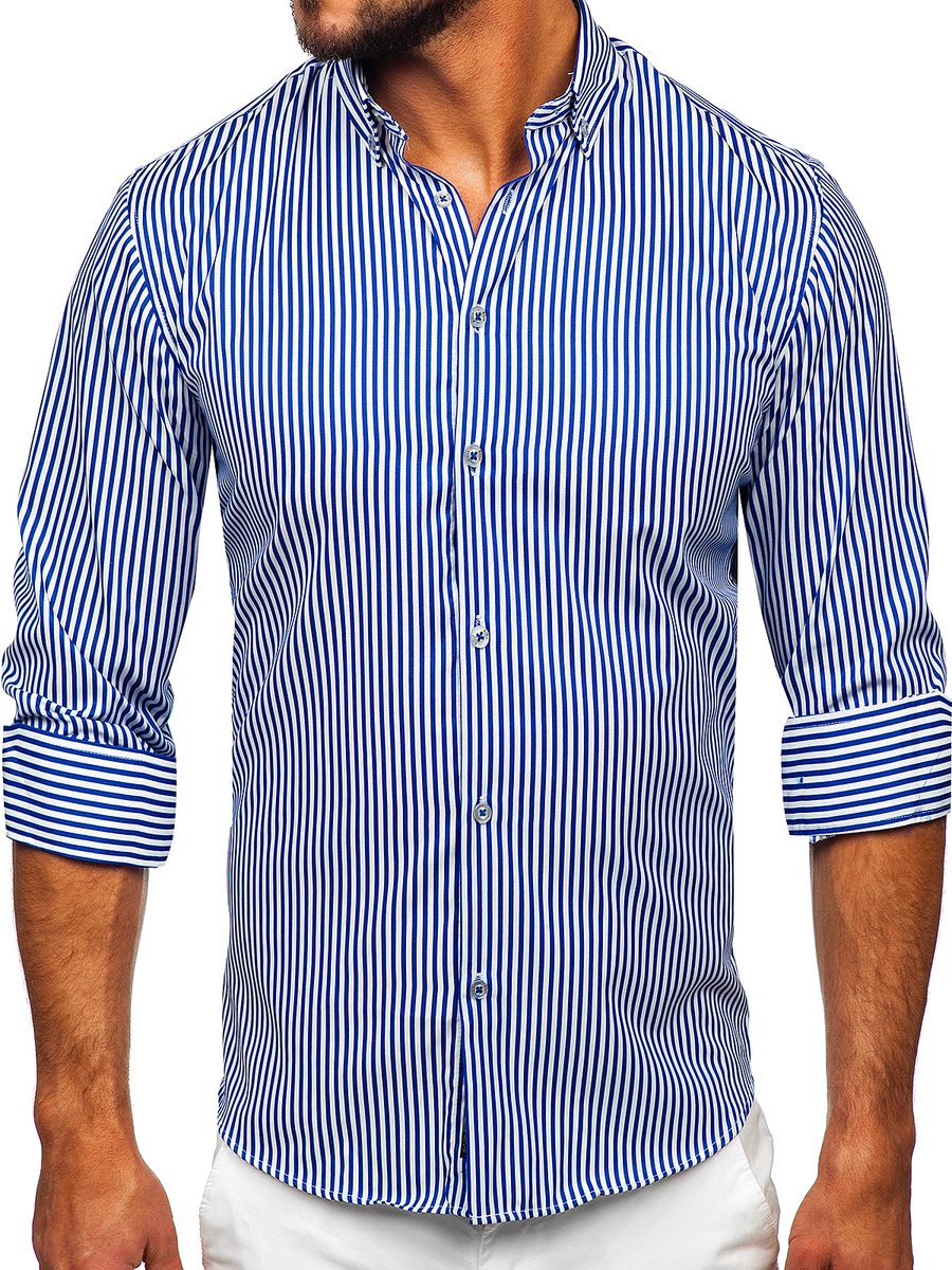 Camisa de rayas de manga larga para hombre azul Bolf 22731 AZUL