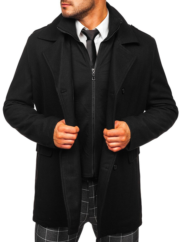 Abrigo de invierno cruzado negro para hombre con cuello alto extraíble adicional Bolf 8805