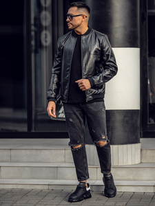 Chaqueta bomber de cuero para hombre negro Bolf 6803B