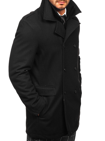 Abrigo de invierno cruzado negro para hombre con cuello alto extraíble adicional Bolf 8805