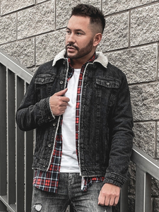 Chaqueta vaquera trucker aislante para hombre con cuello de borrego negra Bolf 1159