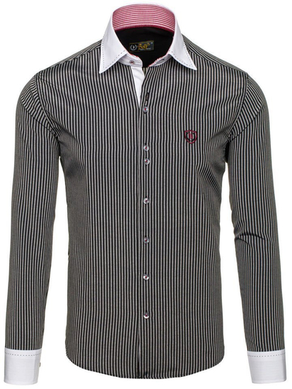 Camisa elegante de rayas de manga larga para hombre negra Bolf 4784-A