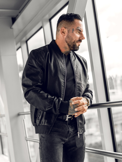 Chaqueta bomber de cuero para hombre negro Bolf 1147A
