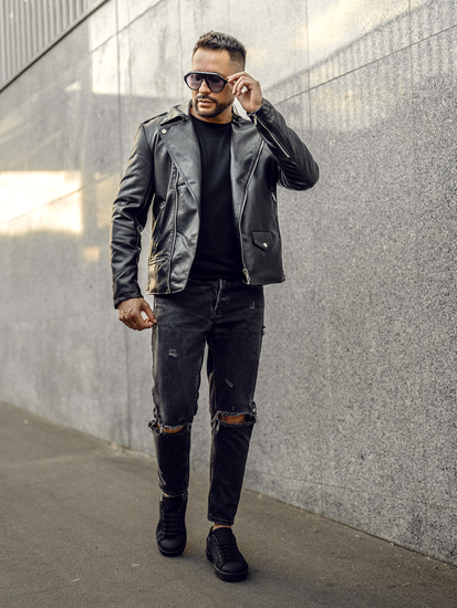 Chaqueta ramonera de cuero para hombre negro Bolf 11Z8014