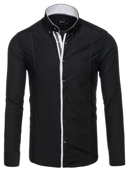 Camisa de manga larga elegante para hombre negra Bolf 7722