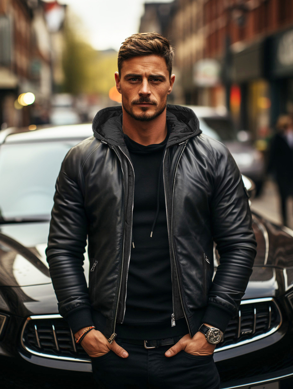 Chaqueta bomber de cuero para hombre negro Bolf 11Z8004