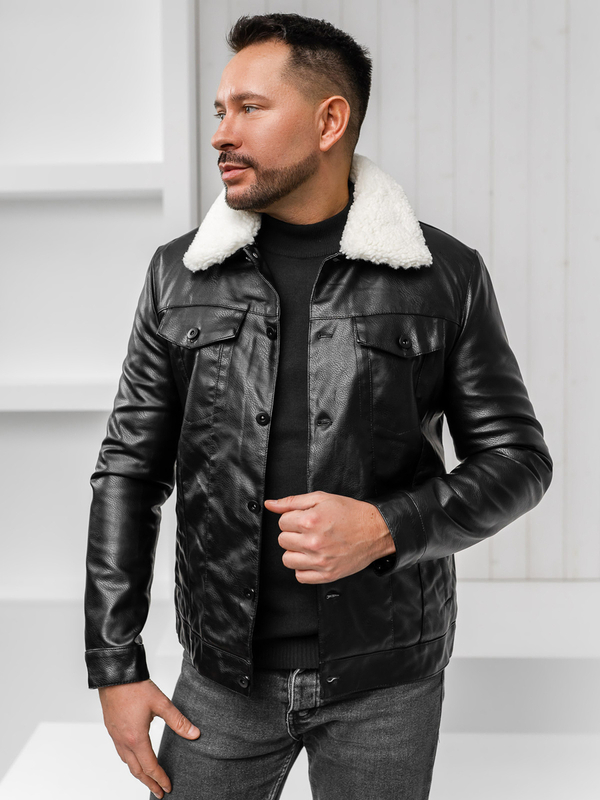 Chaqueta tipo aviador de invierno en cuero para hombre negro Bolf 8830