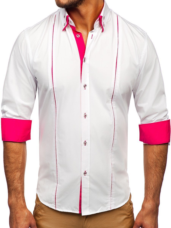 Camisa elegante de manga larga para hombre blanco y rosa Bolf 4744