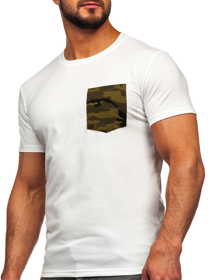 Camiseta de manga corta de camuflaje con impresión con bolsillo para hombre blanco y verde Bolf 8T85
