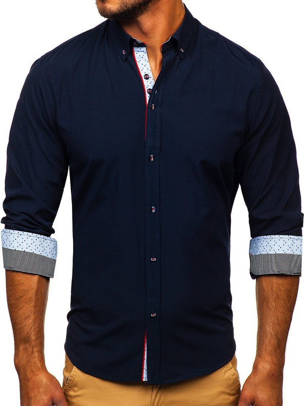 Camisa elegante de manga larga para hombre azul oscuro Bolf 8839