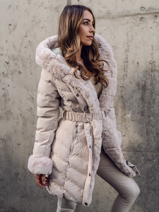 Chaqueta larga acolchada abrigo de invierno con capucha para mujer beige Bolf 5M3156A