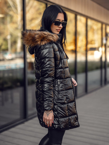 Chaqueta larga acolchada abrigo de invierno con capucha para mujer negro y marrón Bolf 16M9120