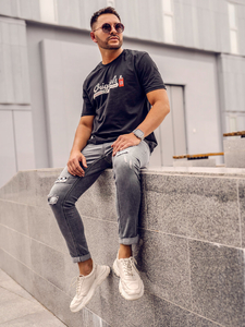 Camiseta algodón de manga corta con impresión para hombre negro Bolf 14780A