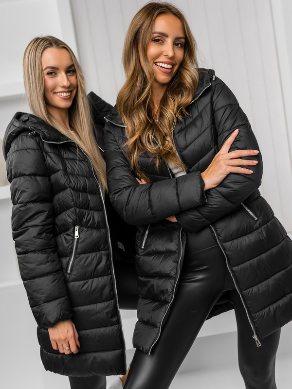 Chaqueta larga acolchada abrigo de invierno con capucha para mujer negro Bolf 11Z8083A