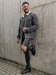 Chaqueta vaquera trucker aislante para hombre negra con cuello de borrego Bolf 1160