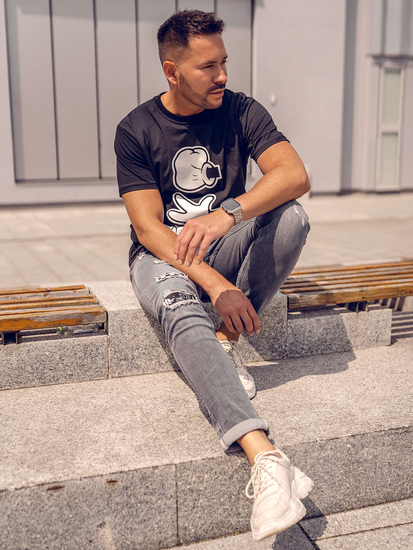 Camiseta negra de algodón con estampado para hombre Bolf KS1997
